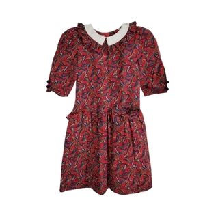 Vintage 80s Red Teardrop Print Ruffle Collar Pleated Girls Christmas Dre…